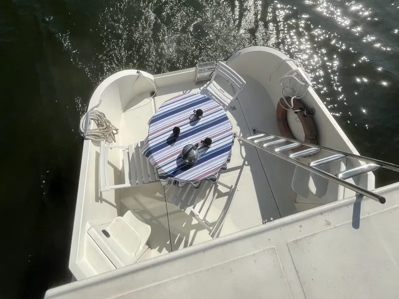 Deck of Pop, a Nicols Sedan 800 motorboat at Sablé-sur-Sarthe, France