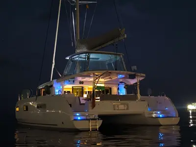 Exterior view of Astraea, a Lagoon 46 catamaran at Athens, Greece