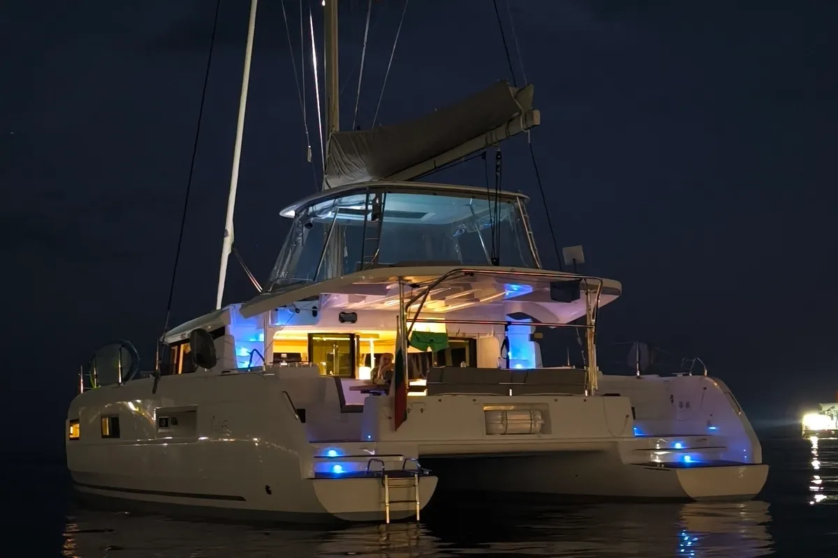 Exterior view of Astraea, a Lagoon 46 catamaran at Athens, Greece