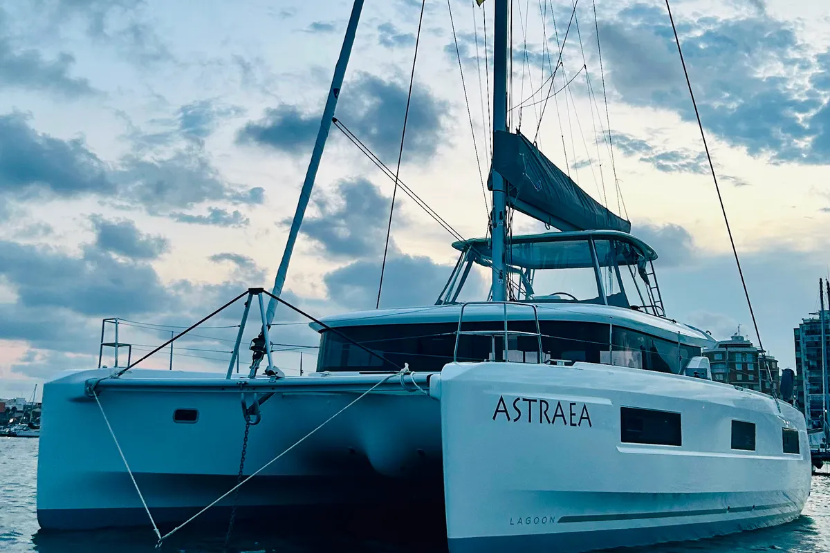 Exterior view of Astraea, a Lagoon 46 catamaran at Athens, Greece