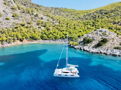 Exterior view of Astraea, a Lagoon 46 catamaran at Athens, Greece