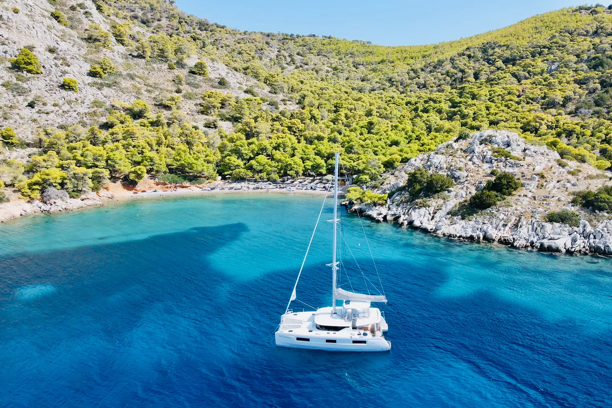 Exterior view of Astraea, a Lagoon 46 catamaran at Athens, Greece