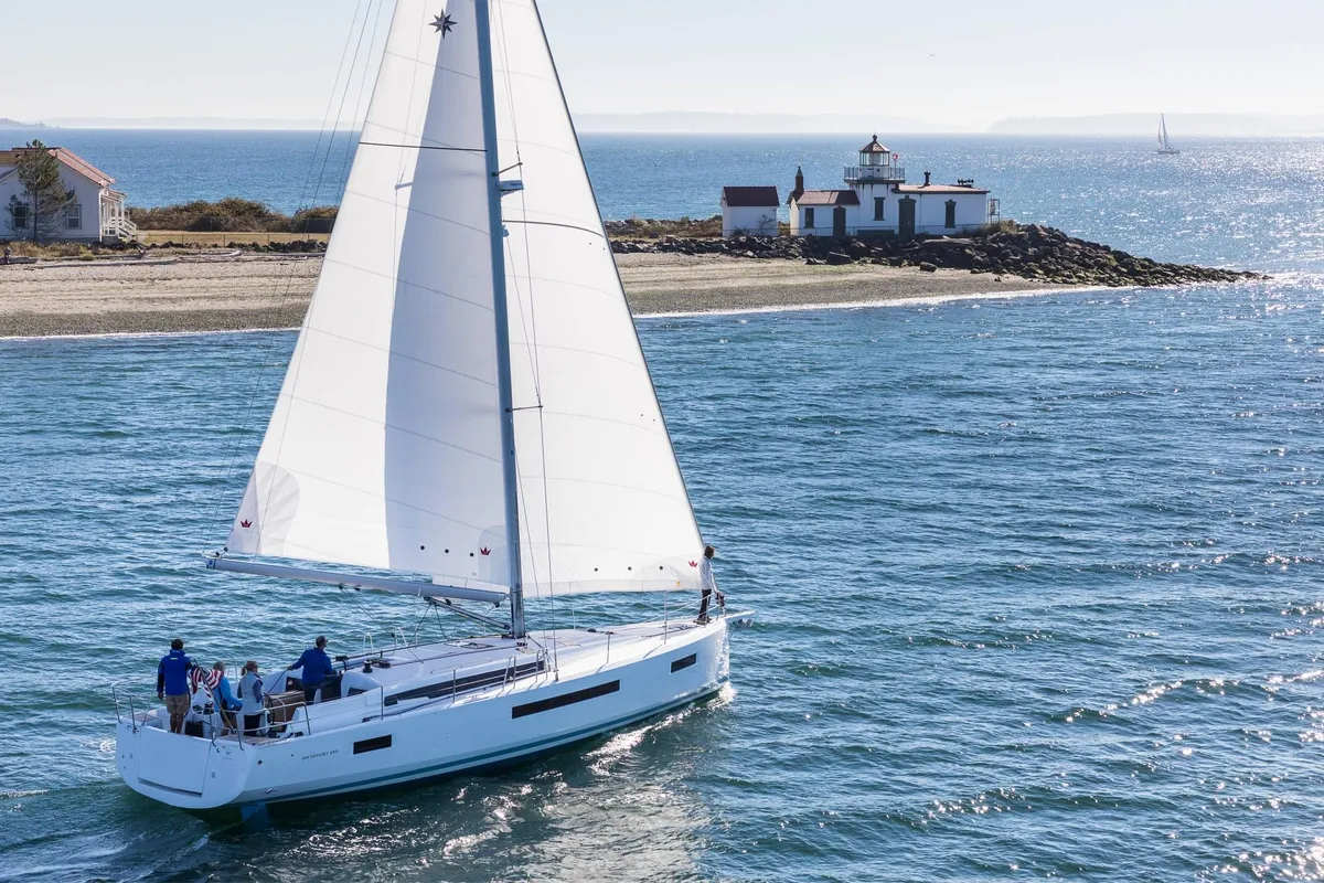 Exterior view of North Wind 49, a Jeanneau Sun Odyssey 490 sailboat at Sipias, Greece