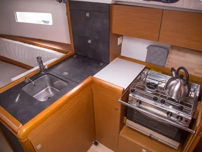 Galley of Actaea, a Jeanneau Sun Odyssey 349 sailboat at Volos, Greece