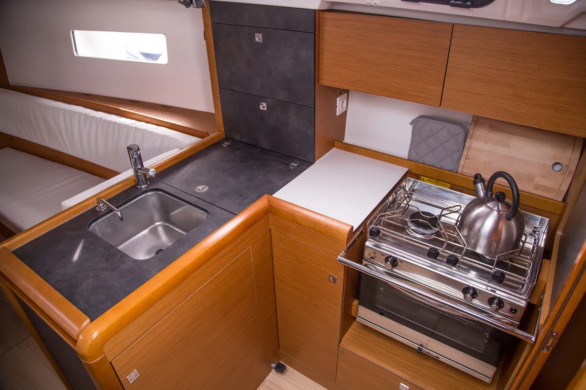 Galley of Actaea, a Jeanneau Sun Odyssey 349 sailboat at Volos, Greece