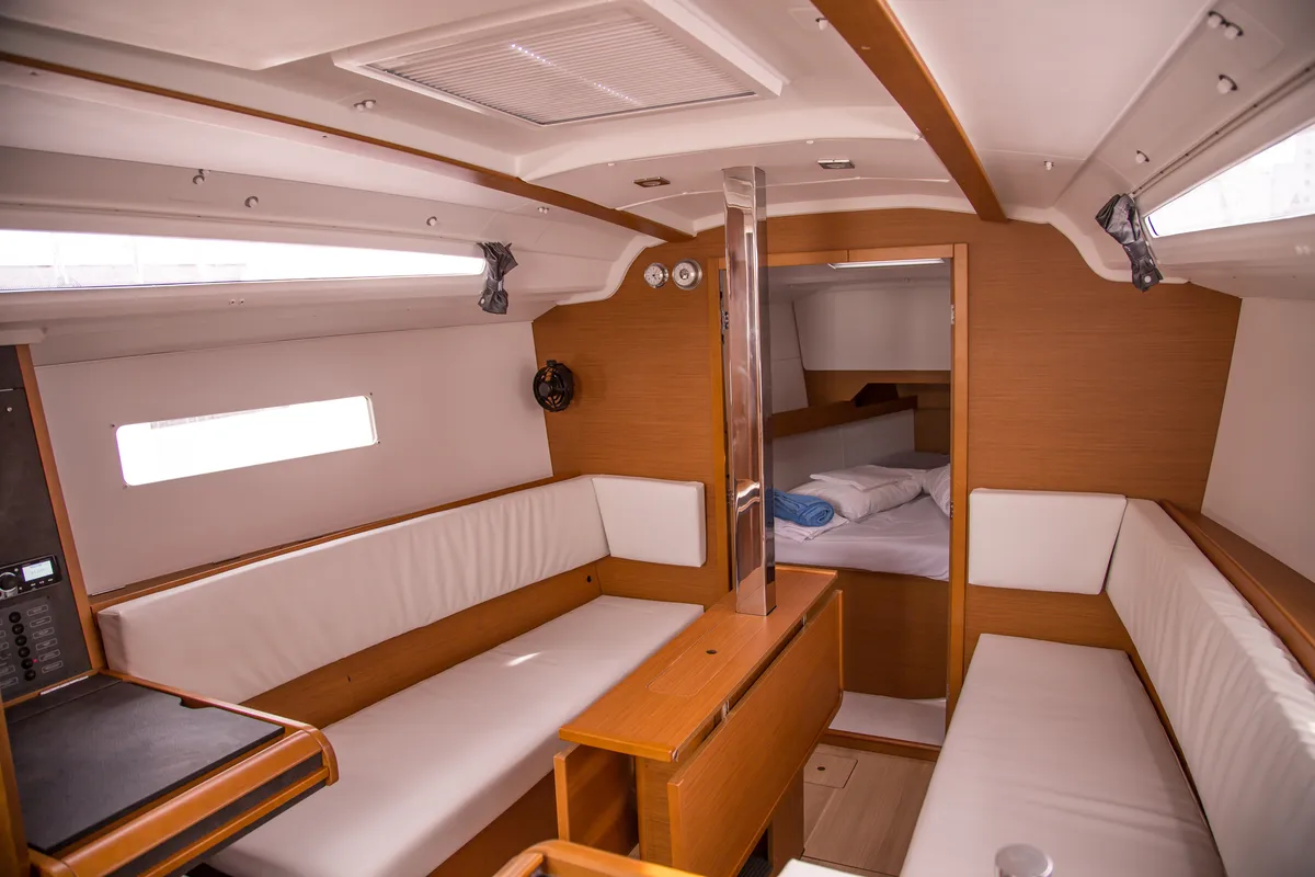 Salon of Actaea, a Jeanneau Sun Odyssey 349 sailboat at Volos, Greece