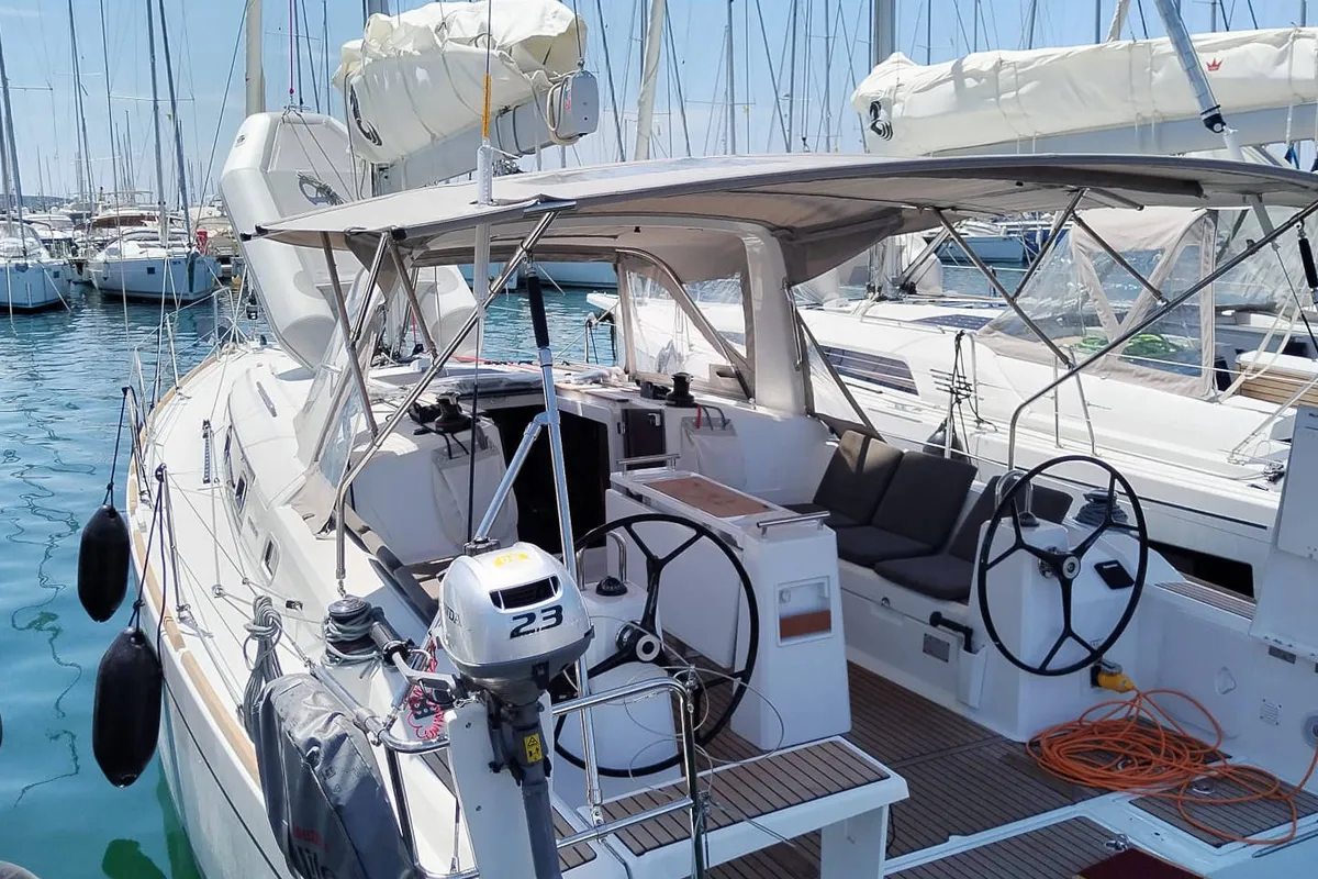 Cockpit of Diana, a Beneteau Oceanis 38.1 sailboat at Punat, Croatia