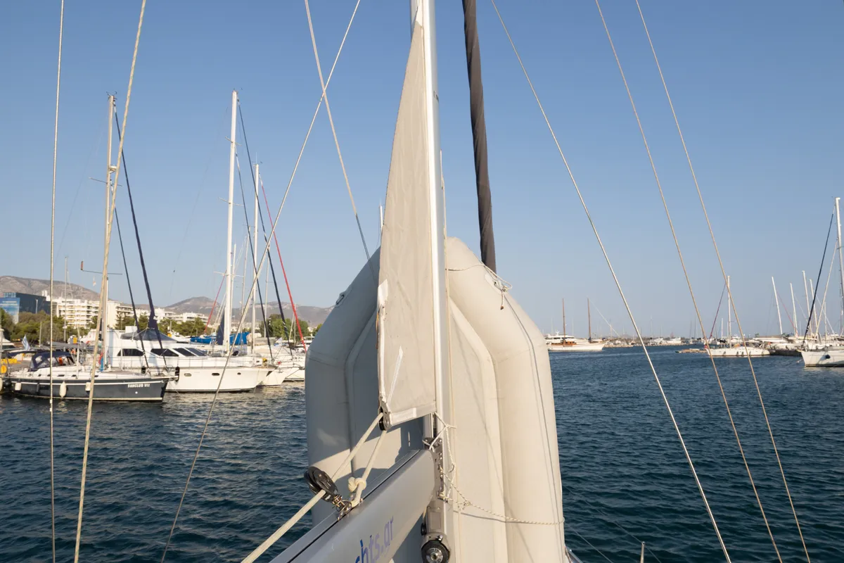 Deck of Marlo, a Bavaria Cruiser 37 sailboat at Athens, Greece
