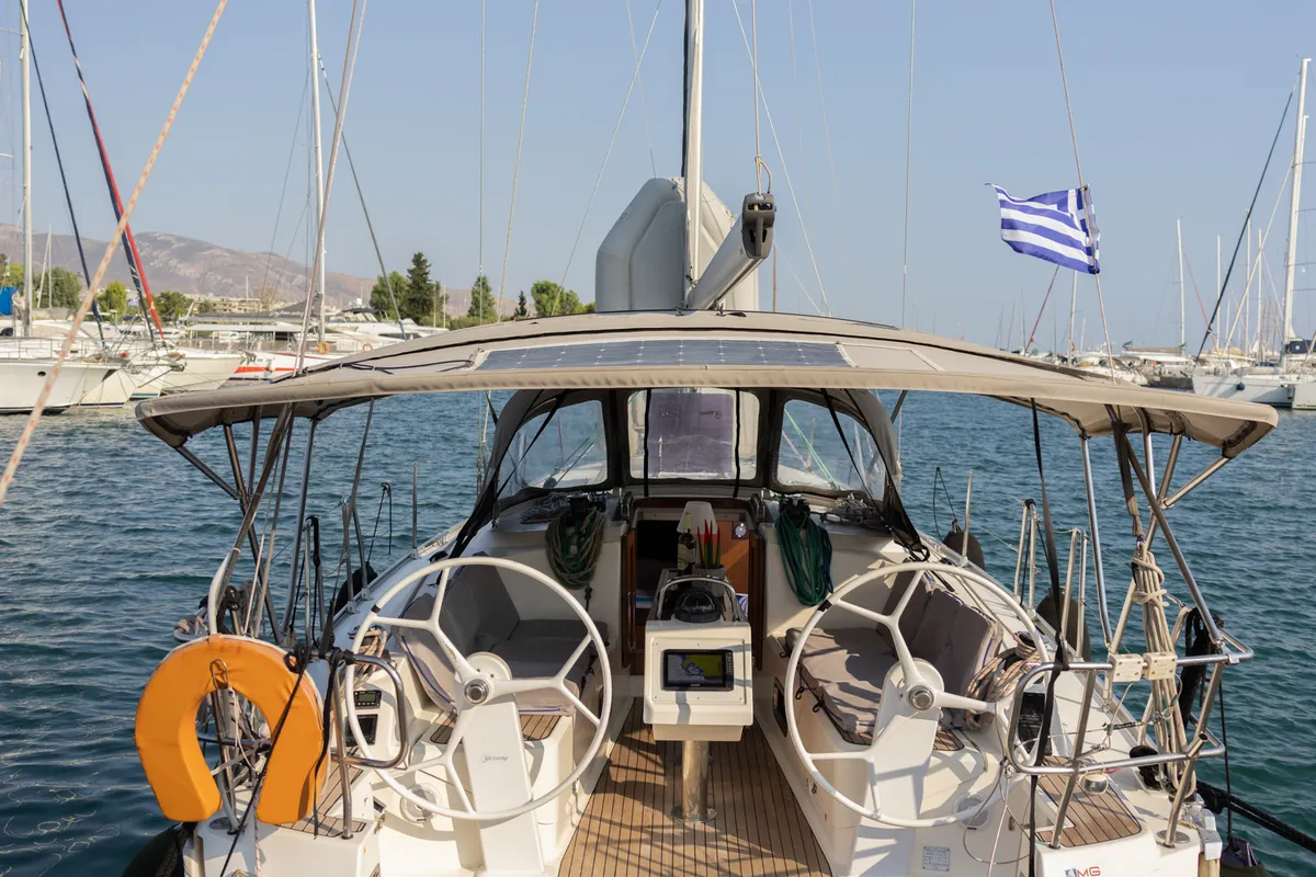Exterior view of Marlo, a Bavaria Cruiser 37 sailboat at Athens, Greece