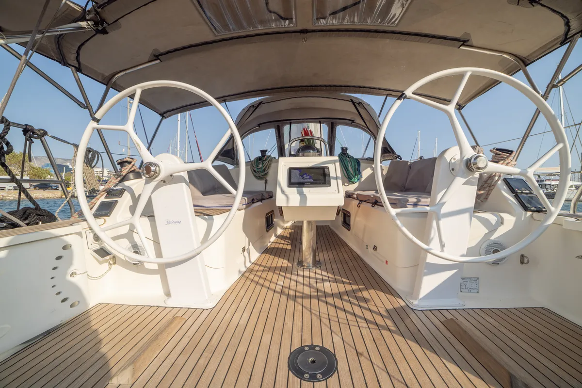 Cockpit of Marlo, a Bavaria Cruiser 37 sailboat at Athens, Greece