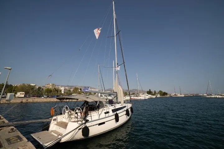 Exterior view of Marlo, a Bavaria Cruiser 37 sailboat at Athens, Greece