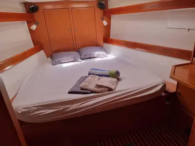 Cabin on Fleurie, a Bavaria 45 Cruiser sailboat at Kontokali, Greece