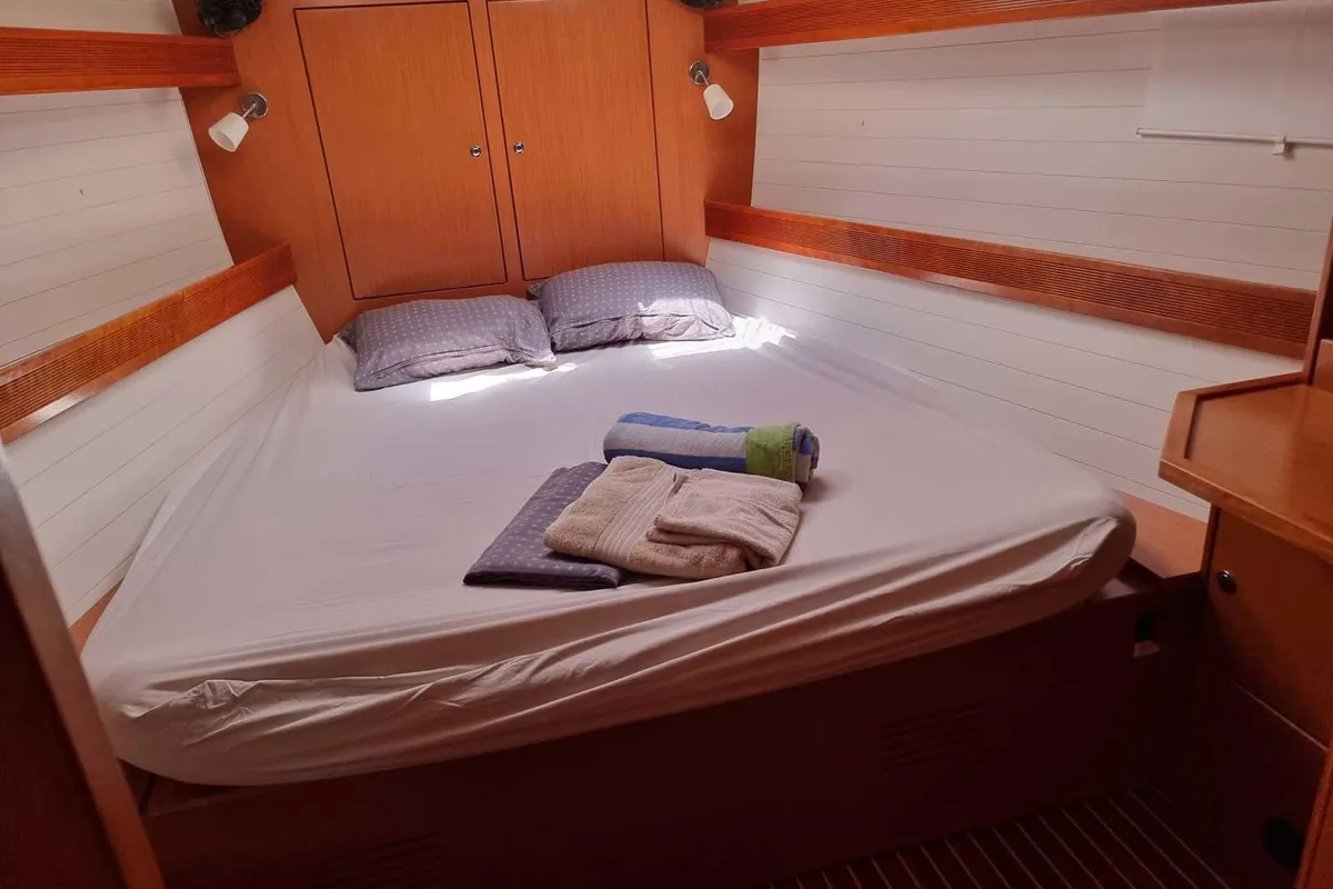Cabin on Fleurie, a Bavaria 45 Cruiser sailboat at Kontokali, Greece