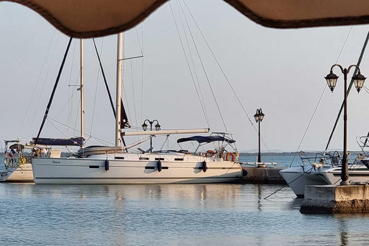 Exterior view of Fleurie, a Bavaria 45 Cruiser sailboat at Kontokali, Greece