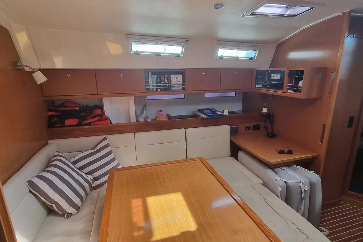 Salon of Fleurie, a Bavaria 45 Cruiser sailboat at Kontokali, Greece