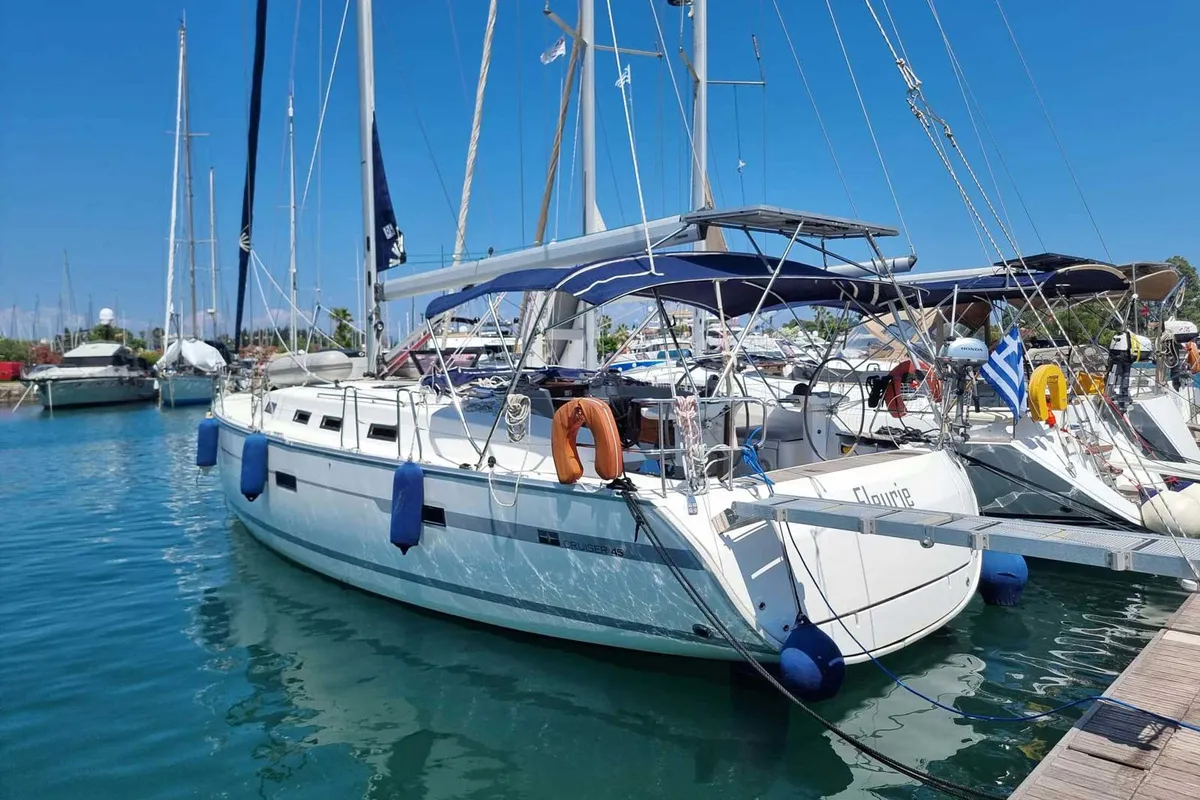 Exterior view of Fleurie, a Bavaria 45 Cruiser sailboat at Kontokali, Greece