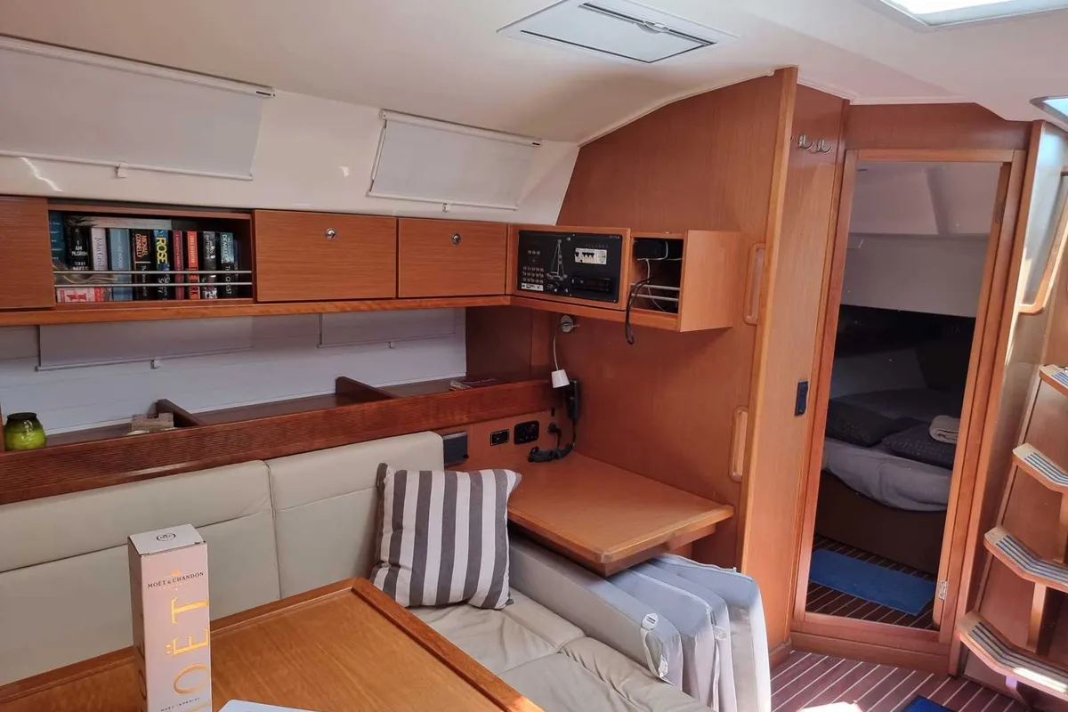 Salon of Fleurie, a Bavaria 45 Cruiser sailboat at Kontokali, Greece