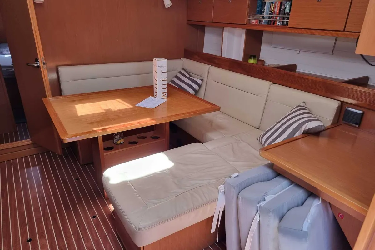 Salon of Fleurie, a Bavaria 45 Cruiser sailboat at Kontokali, Greece