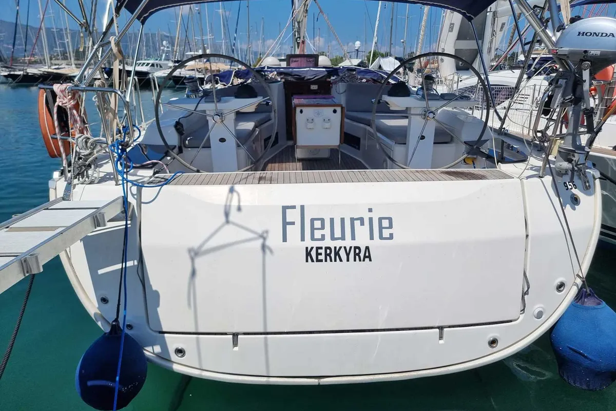 Exterior view of Fleurie, a Bavaria 45 Cruiser sailboat at Kontokali, Greece