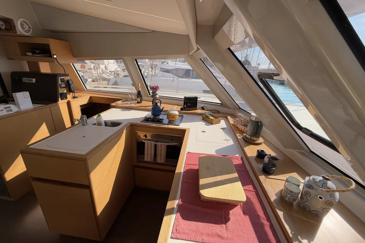 Galley of Daria 2, a Nautitech 46 Fly catamaran at Marmaris, Turkey
