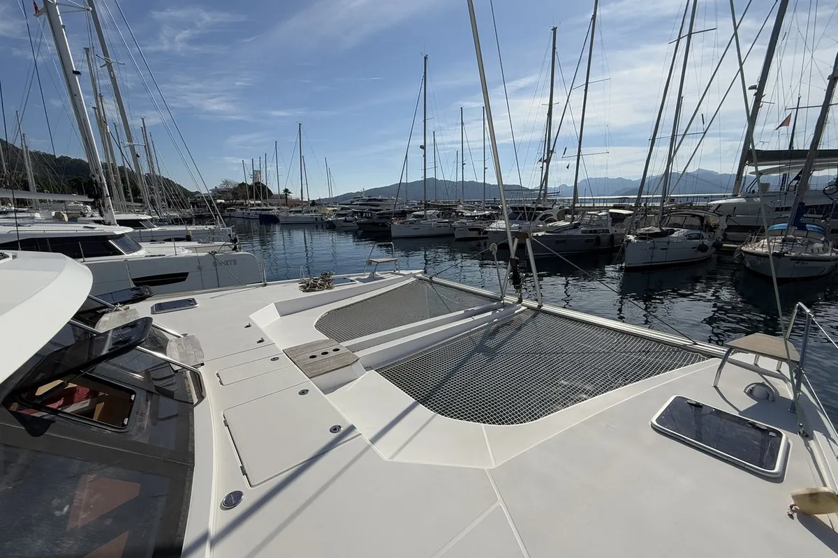 Deck of Daria 2, a Nautitech 46 Fly catamaran at Marmaris, Turkey