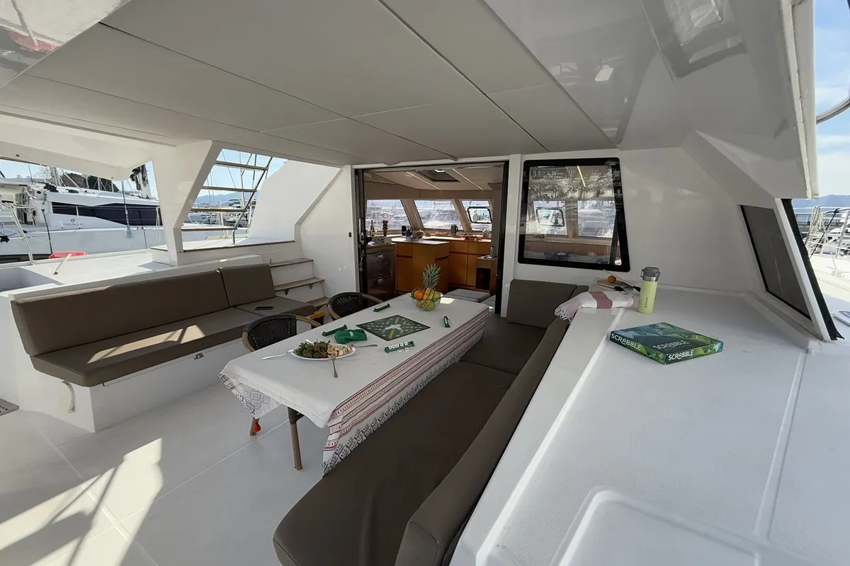 Deck of Daria 2, a Nautitech 46 Fly catamaran at Marmaris, Turkey