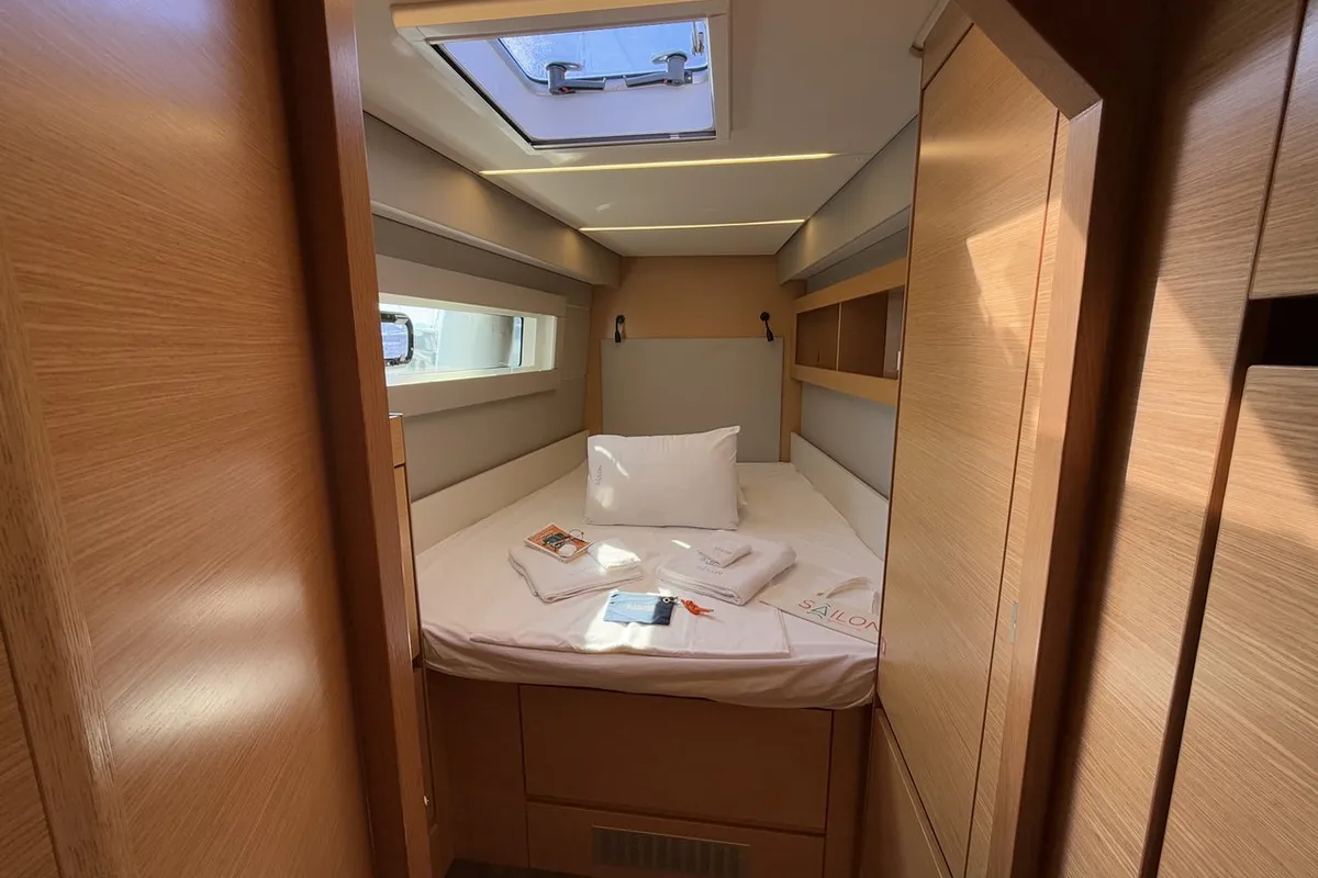 Cabin on Daria 2, a Nautitech 46 Fly catamaran at Marmaris, Turkey