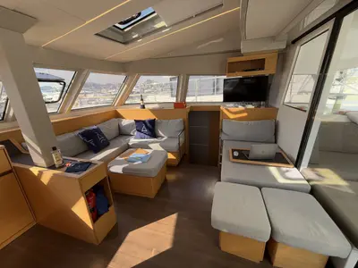 Salon of Daria 2, a Nautitech 46 Fly catamaran at Marmaris, Turkey