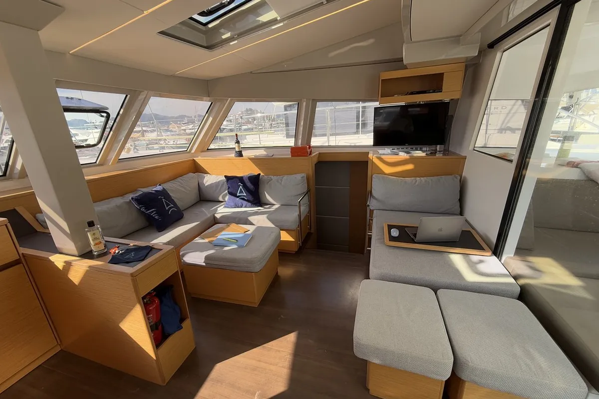Salon of Daria 2, a Nautitech 46 Fly catamaran at Marmaris, Turkey
