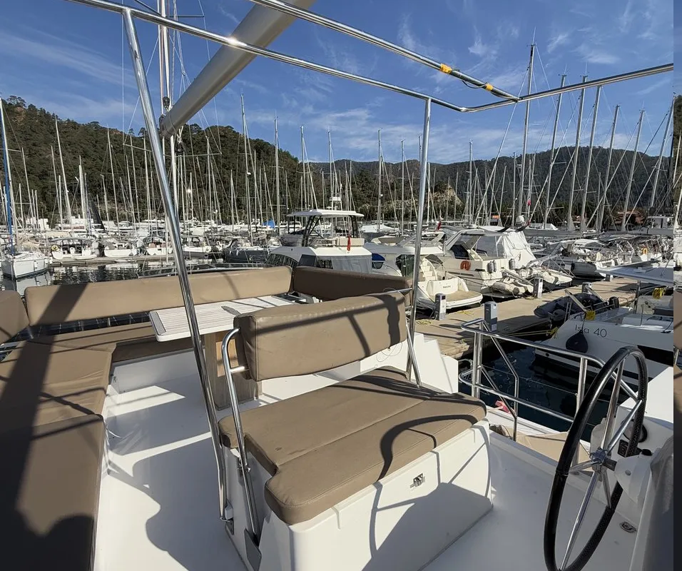 Cockpit of Daria 2, a Nautitech 46 Fly catamaran at Marmaris, Turkey
