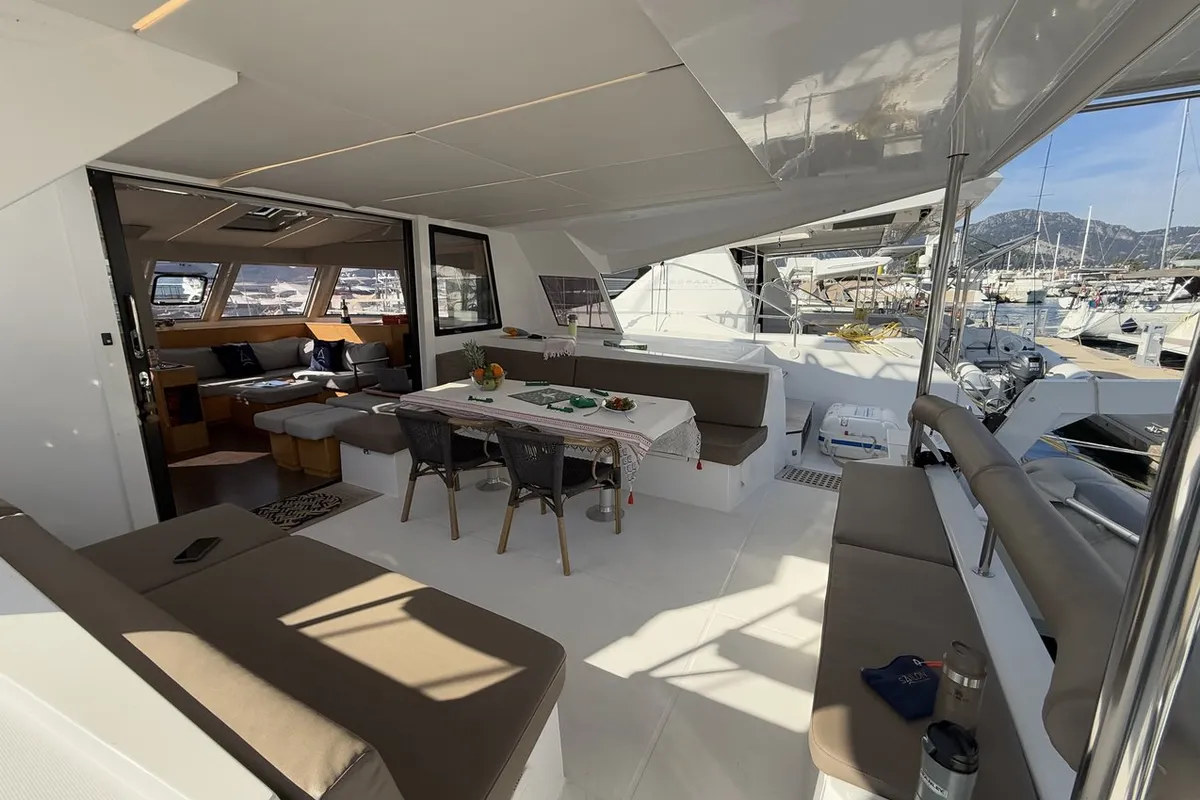 Deck of Daria 2, a Nautitech 46 Fly catamaran at Marmaris, Turkey