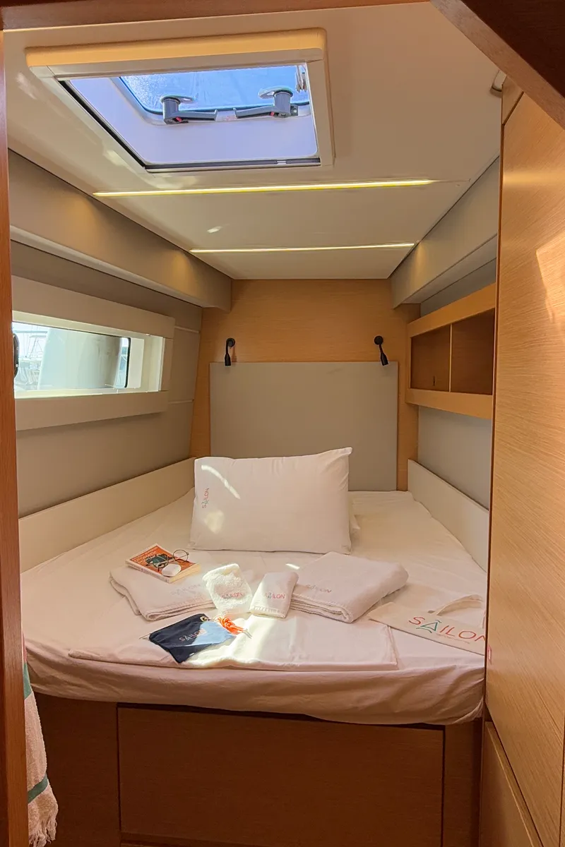 Cabin on Daria 2, a Nautitech 46 Fly catamaran at Marmaris, Turkey