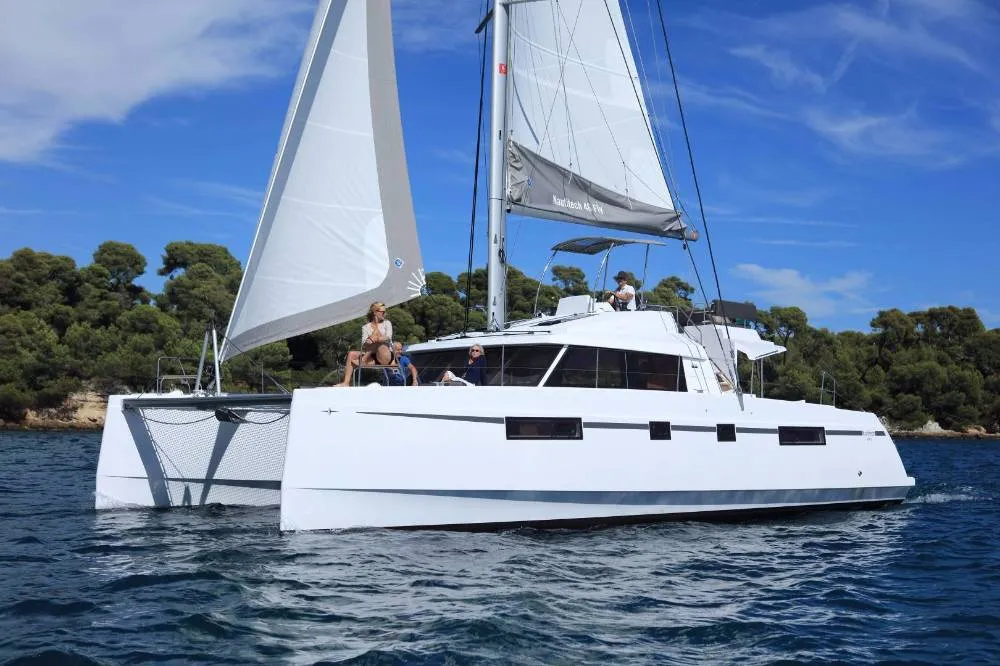 Exterior view of Daria 2, a Nautitech 46 Fly catamaran at Marmaris, Turkey