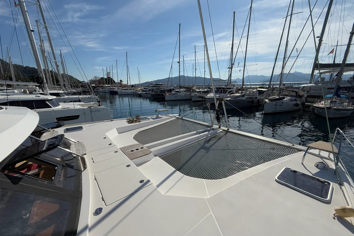Deck of Daria 2, a Nautitech 46 Fly catamaran at Marmaris, Turkey