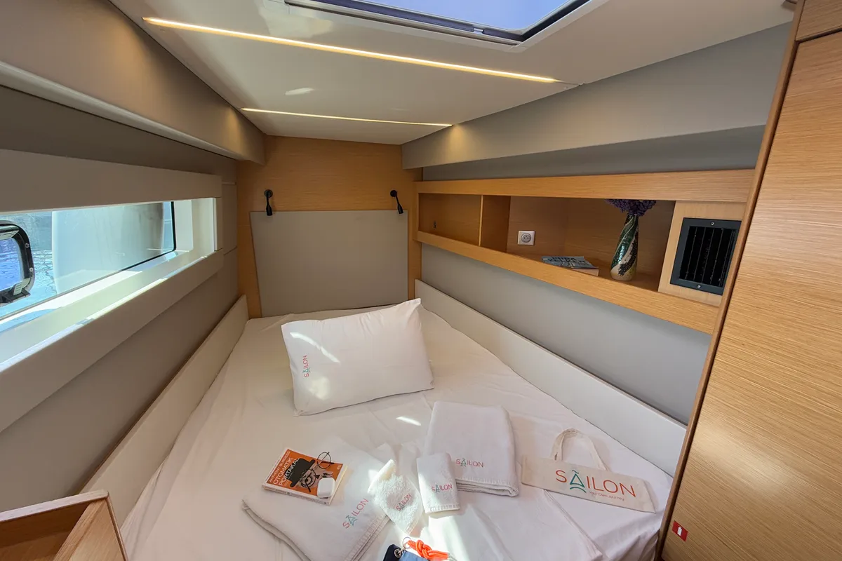 Cabin on Daria 2, a Nautitech 46 Fly catamaran at Marmaris, Turkey