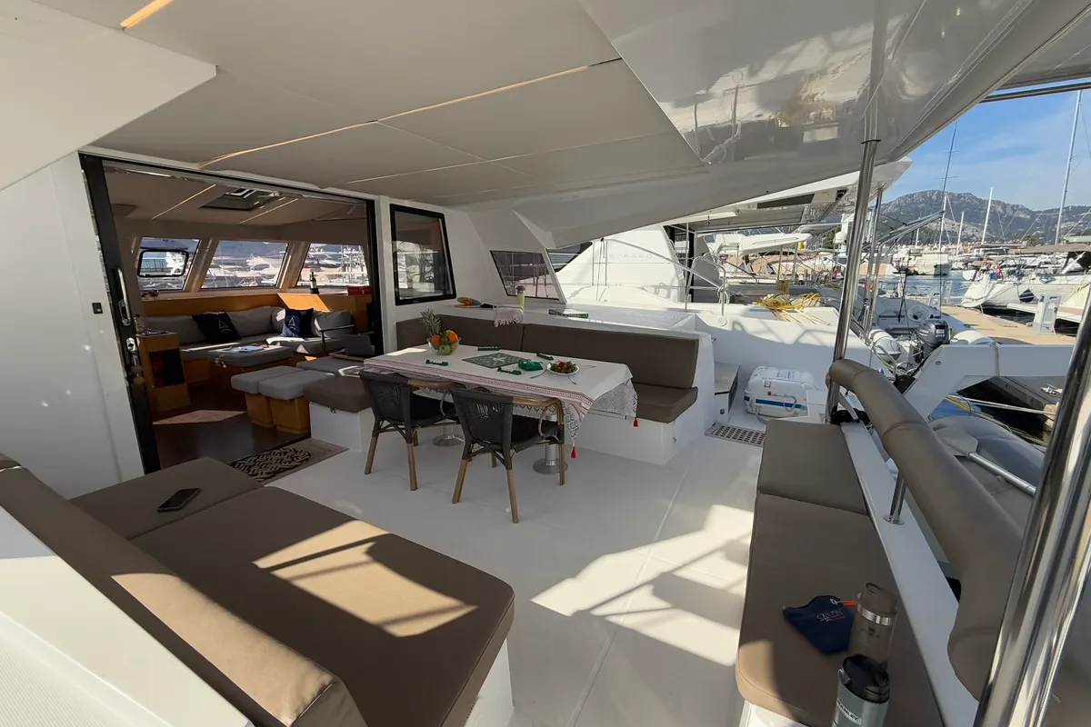 Deck of Daria 2, a Nautitech 46 Fly catamaran at Marmaris, Turkey