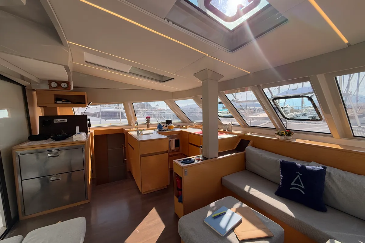 Salon of Daria 2, a Nautitech 46 Fly catamaran at Marmaris, Turkey