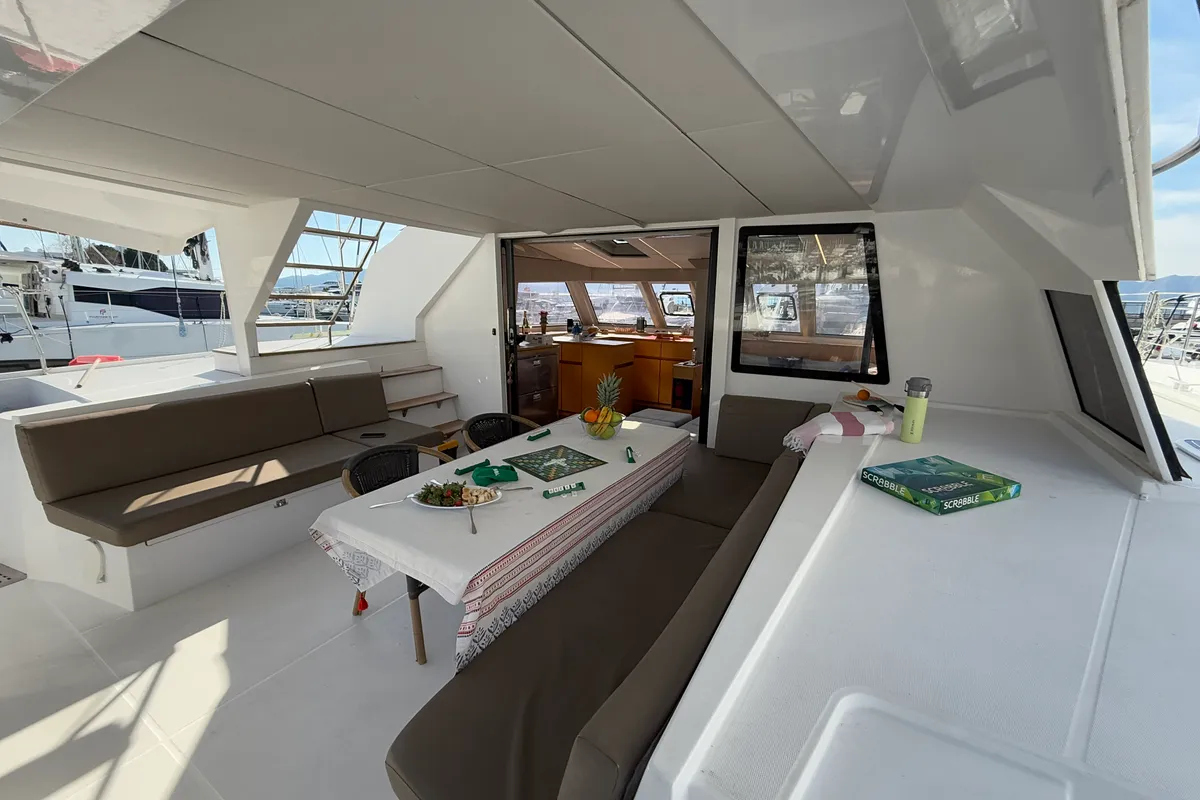 Deck of Daria 2, a Nautitech 46 Fly catamaran at Marmaris, Turkey