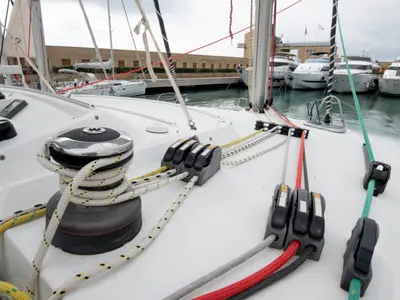 Deck of Enjala, a Lagoon 440 catamaran at San Vincenzo, Italy