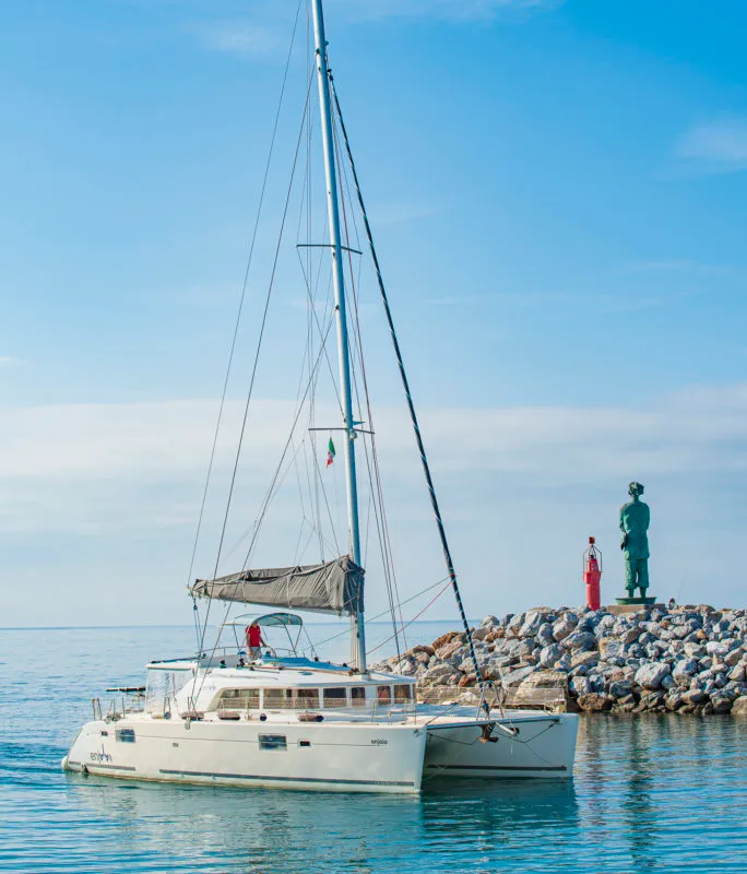 Exterior view of Enjala, a Lagoon 440 catamaran at San Vincenzo, Italy