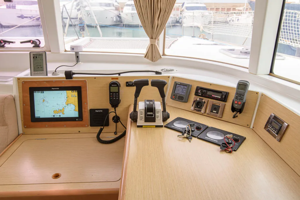 Cockpit of Enjala, a Lagoon 440 catamaran at San Vincenzo, Italy