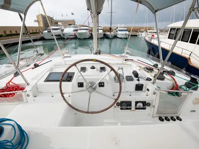 Cockpit of Enjala, a Lagoon 440 catamaran at San Vincenzo, Italy