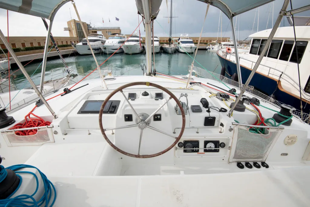 Cockpit of Enjala, a Lagoon 440 catamaran at San Vincenzo, Italy