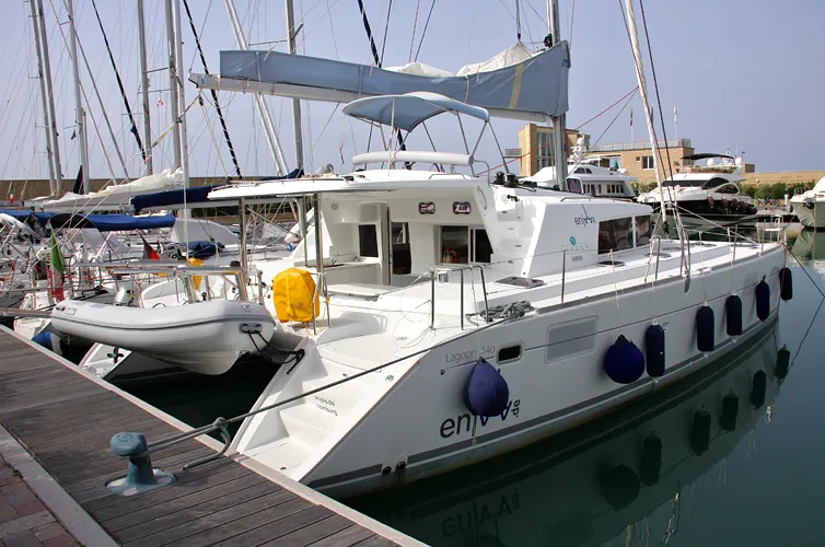 Exterior view of Enjala, a Lagoon 440 catamaran at San Vincenzo, Italy