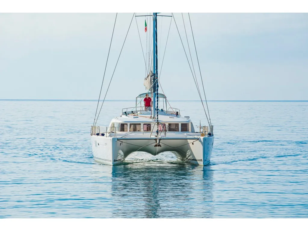 Exterior view of Enjala, a Lagoon 440 catamaran at San Vincenzo, Italy