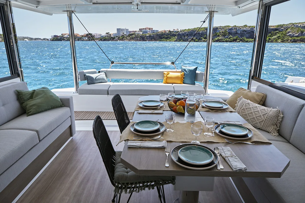 Salon of Maritina, a Bali 4.4 catamaran at Parikia, Greece