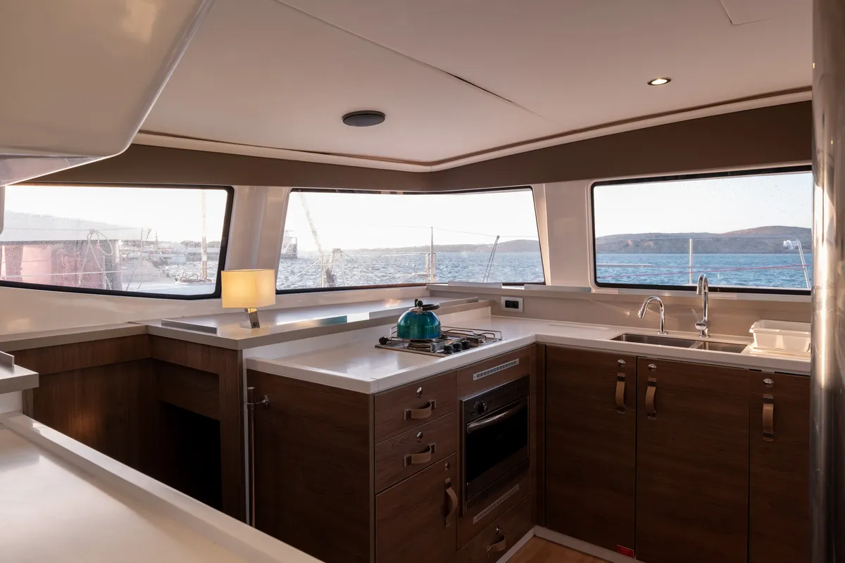 Galley of Maritina, a Bali 4.4 catamaran at Parikia, Greece