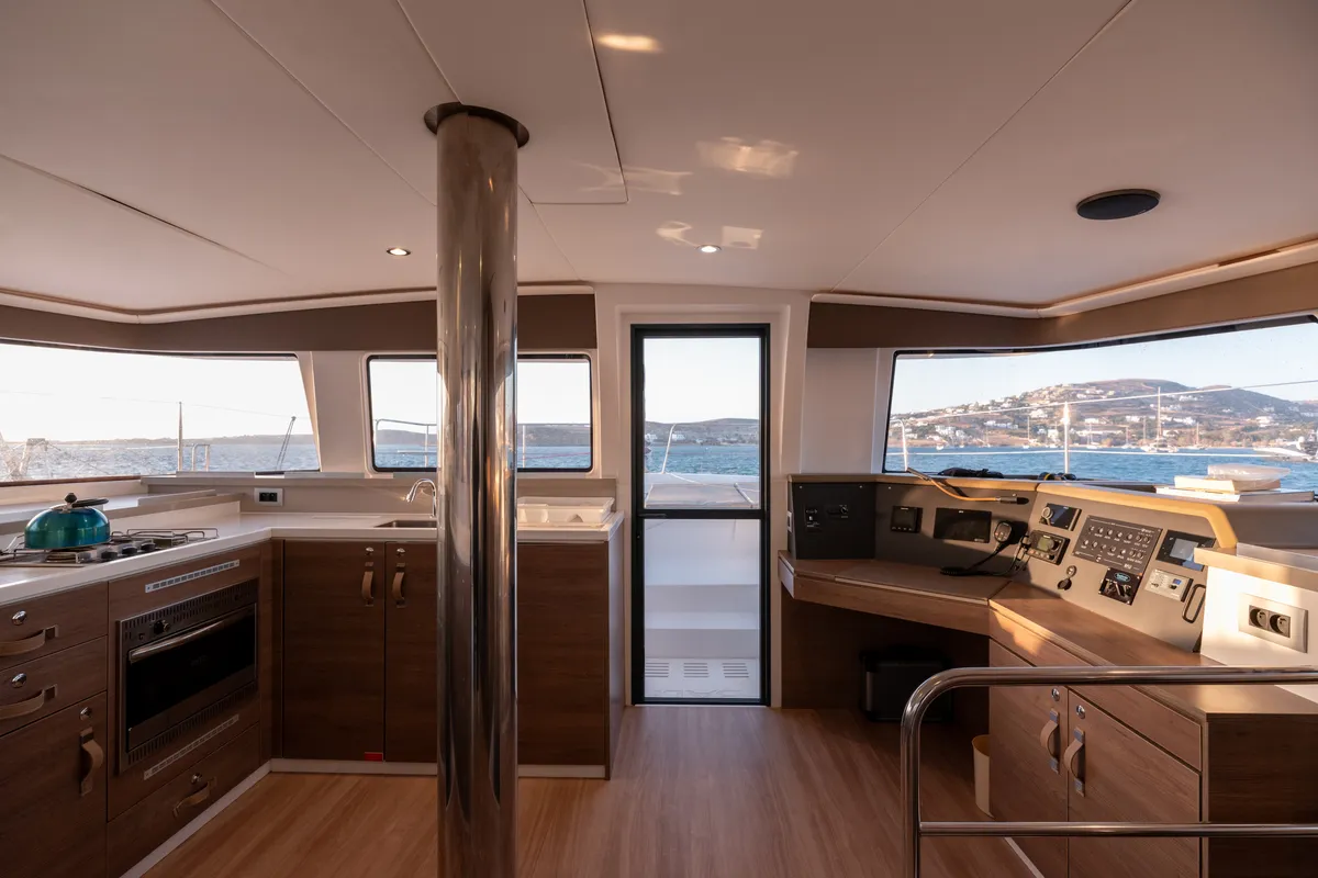 Salon of Maritina, a Bali 4.4 catamaran at Parikia, Greece