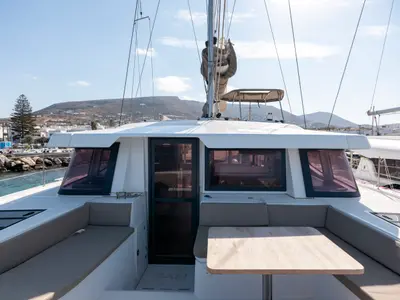 Deck of Maritina, a Bali 4.4 catamaran at Parikia, Greece