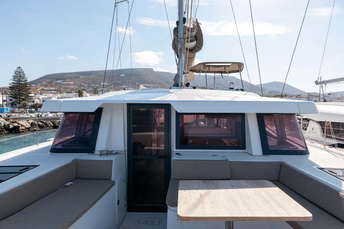 Deck of Maritina, a Bali 4.4 catamaran at Parikia, Greece